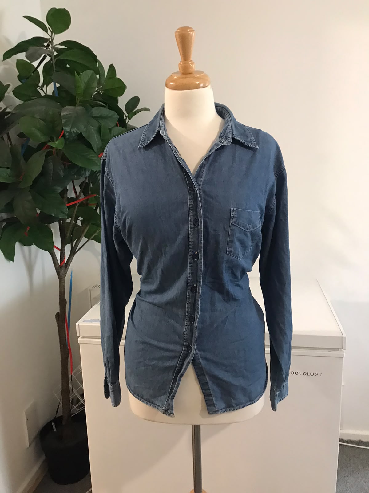 classic blue long-sleeve denim button-up shirt