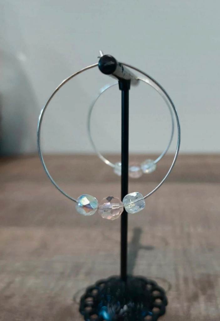 Elegant Silver Hoop Earrings with Iridescent Crystal Beads