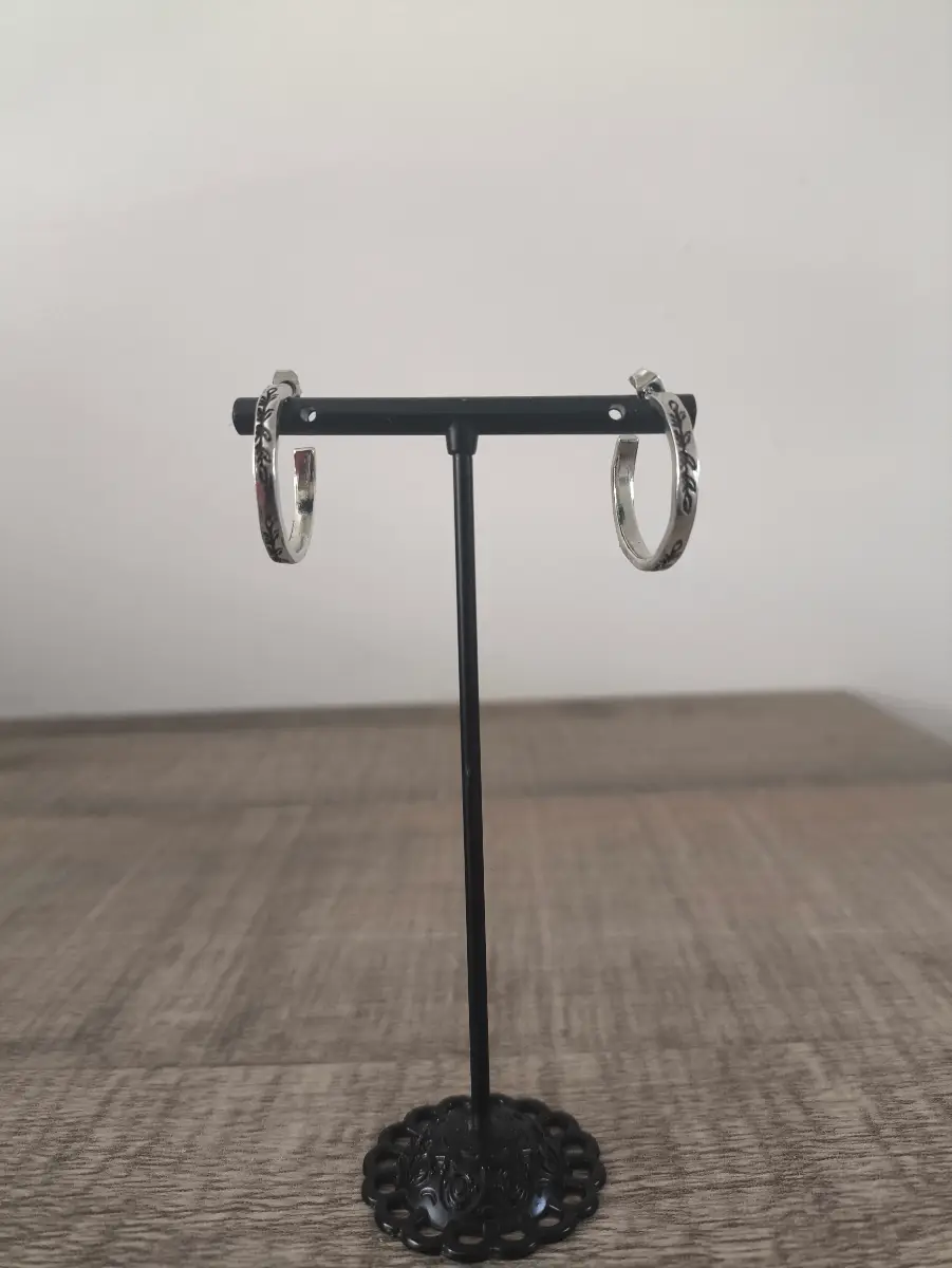 Elegant Boho Silver Toned Vine Engraved C Shaped Hoop Earrings