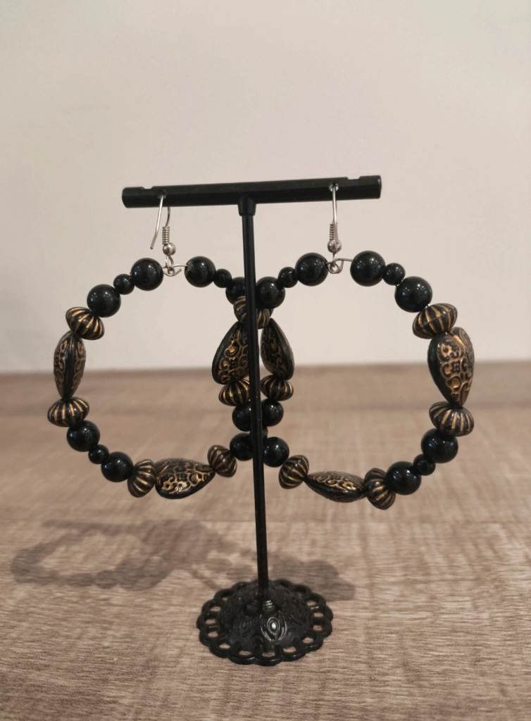 Vintage Boho Black & Gold Heart Beaded Hoop Earrings