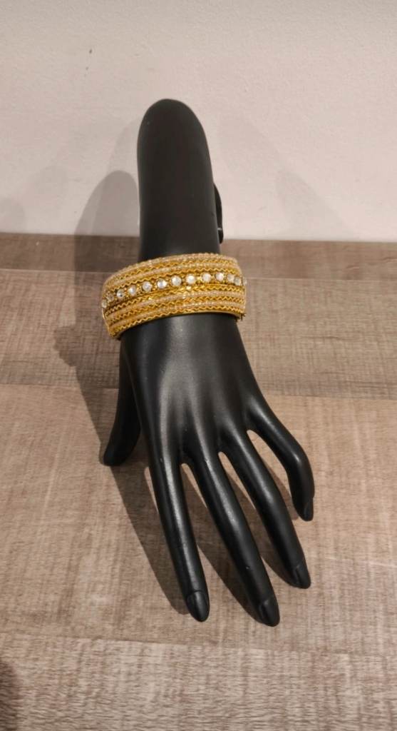 Statement Gold Beaded Rhinestone Hinged Bangle