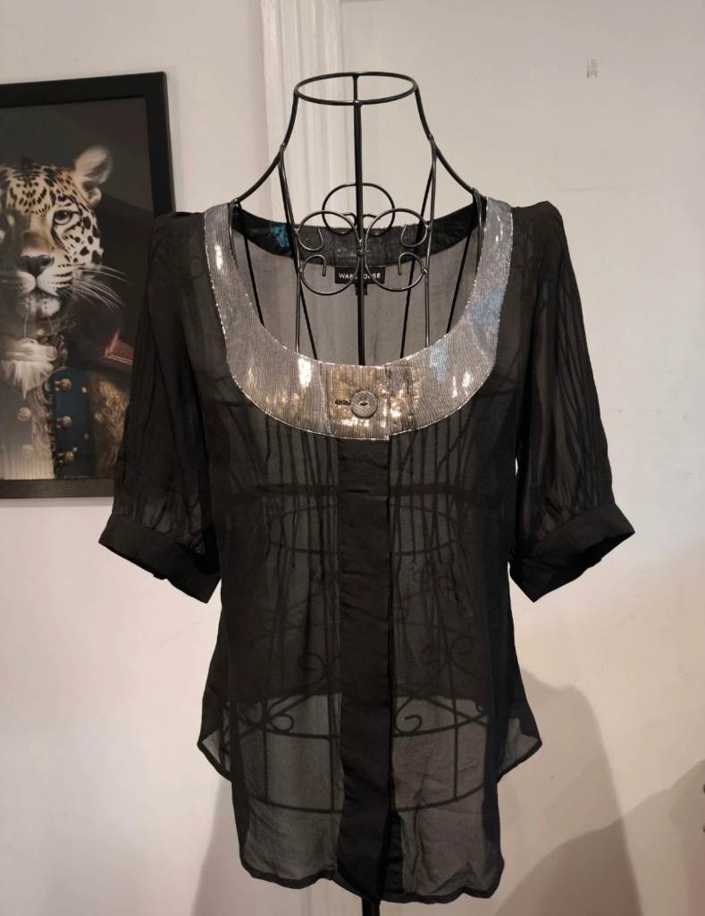Warehouse Y2K Sheer Metallic Black Blouse - Size 10