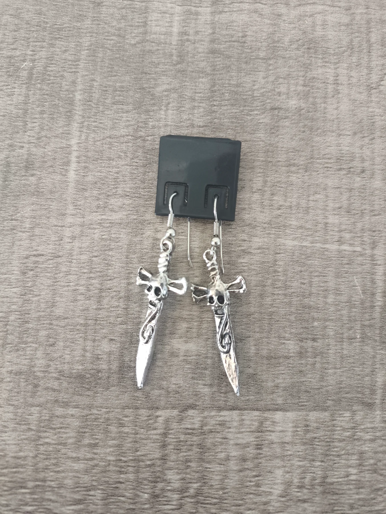 Gothic Antiqued Silver Skull Dagger Drop Earrings