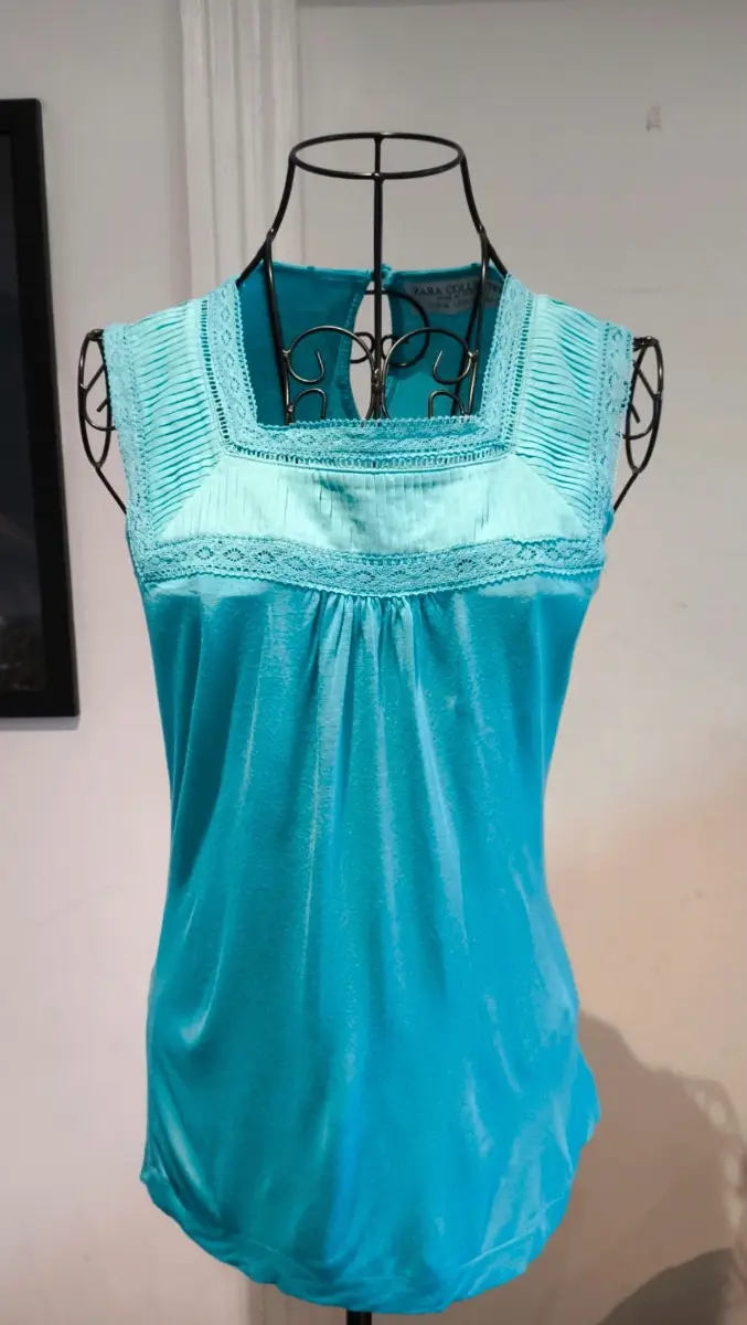 Zara Collection Turquoise Pleated & Lace Sleeveless Top - Size M