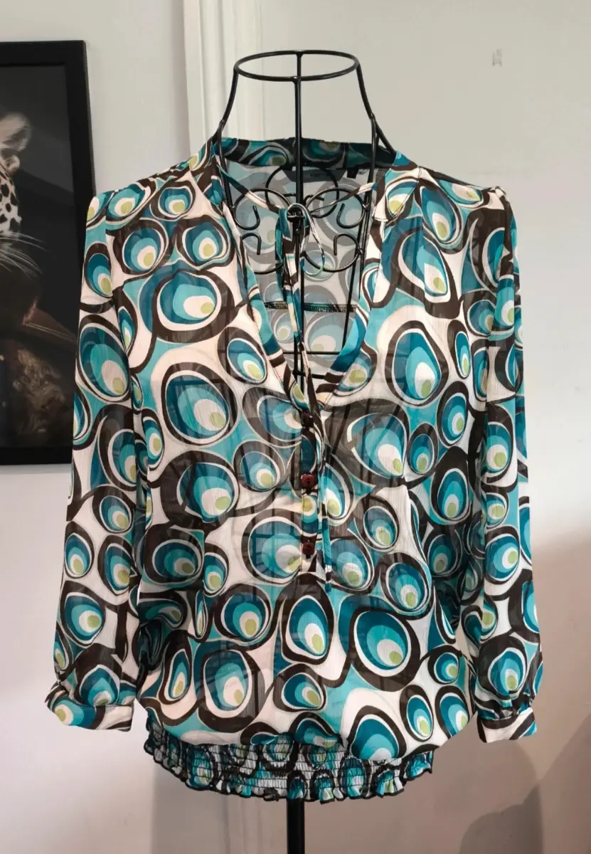 Vibrant Retro-Print Chiffon Blouse - Size 12