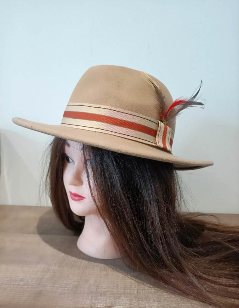 Premium 100% Wool Neutral Beige Fedora/Trilby Hat with Feather Detail