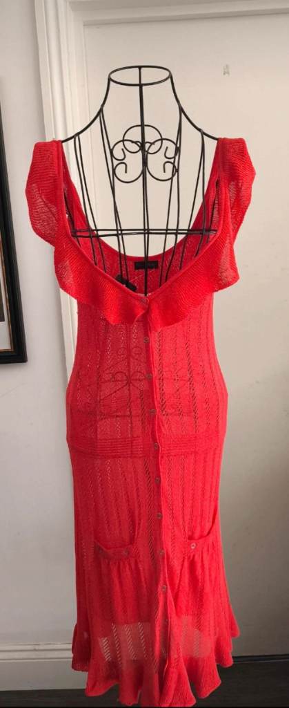 BNWT Miss Selfridge Vibrant Coral Ruffle Crochet Knit Midi Dress - Size 10
