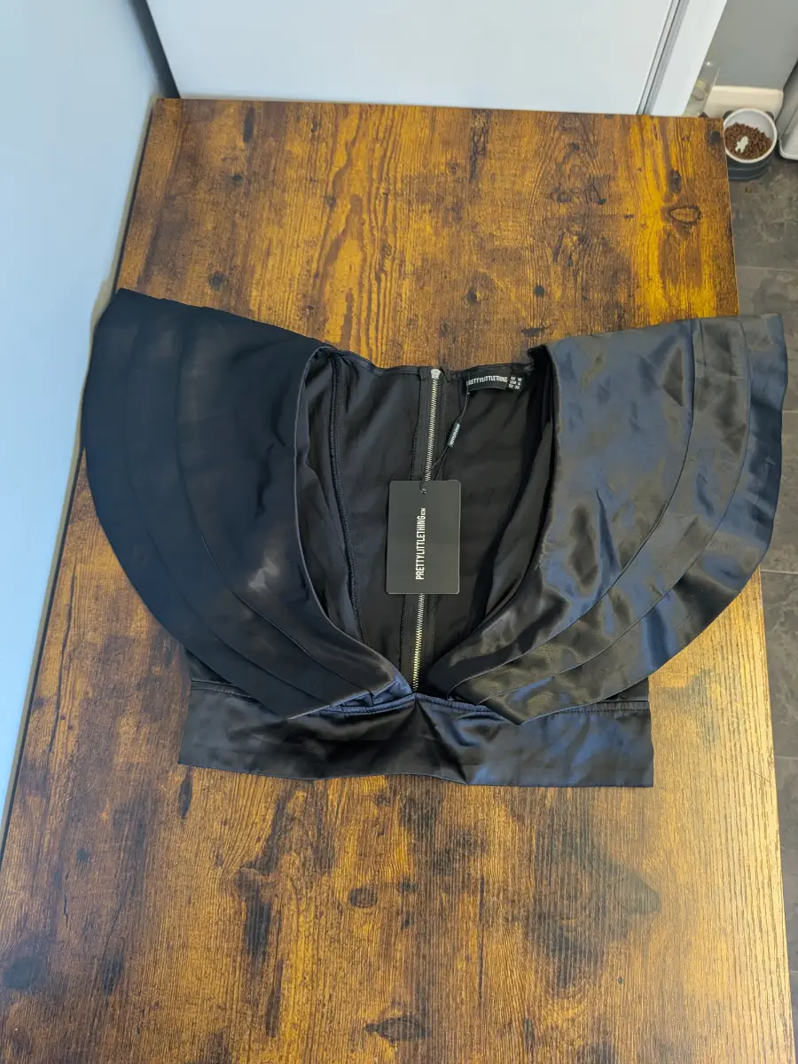 PrettyLittleThing Black Satin Deep Plunge Ruffle Crop Top - Size 10 NWT