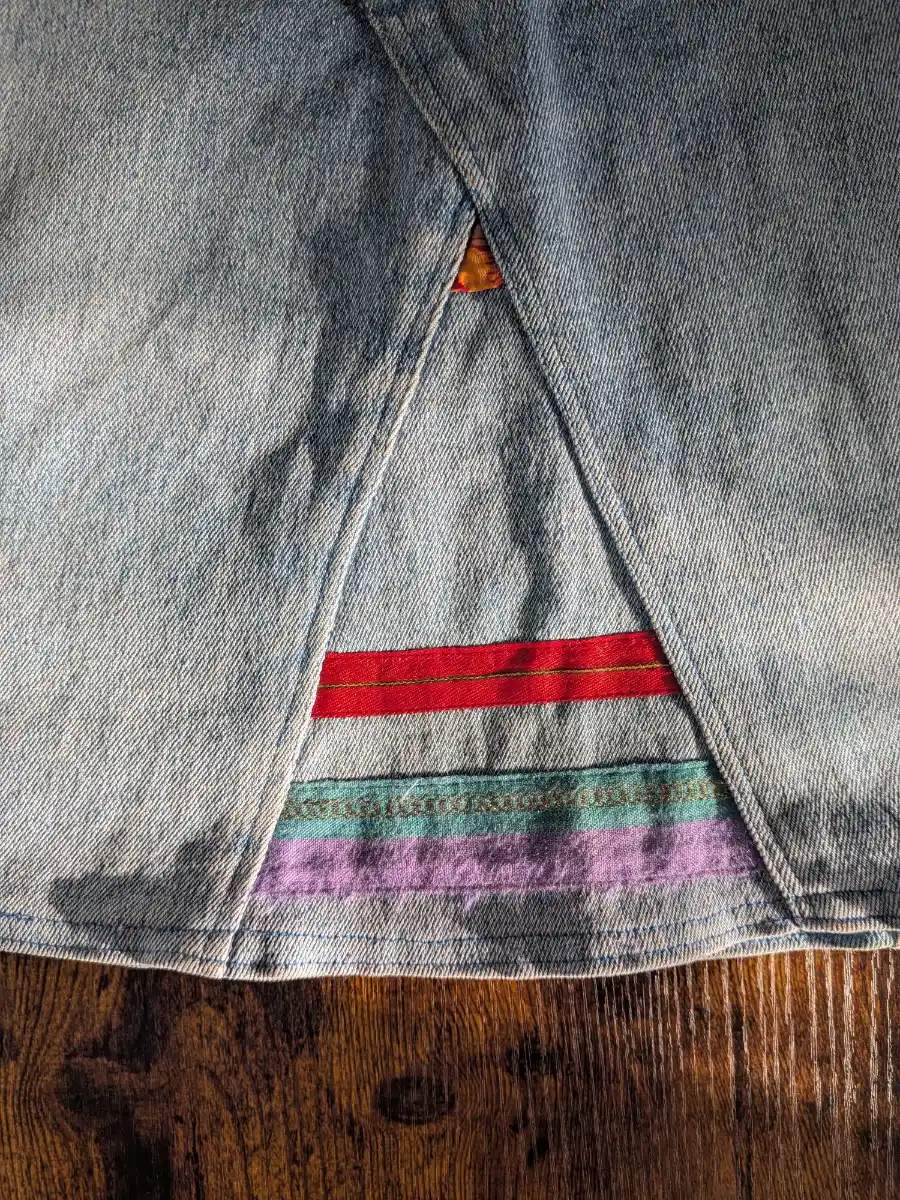 Vintage 90s Miss Selfridge Blu Babe Rainbow Denim Midi Skirt - Size 10
