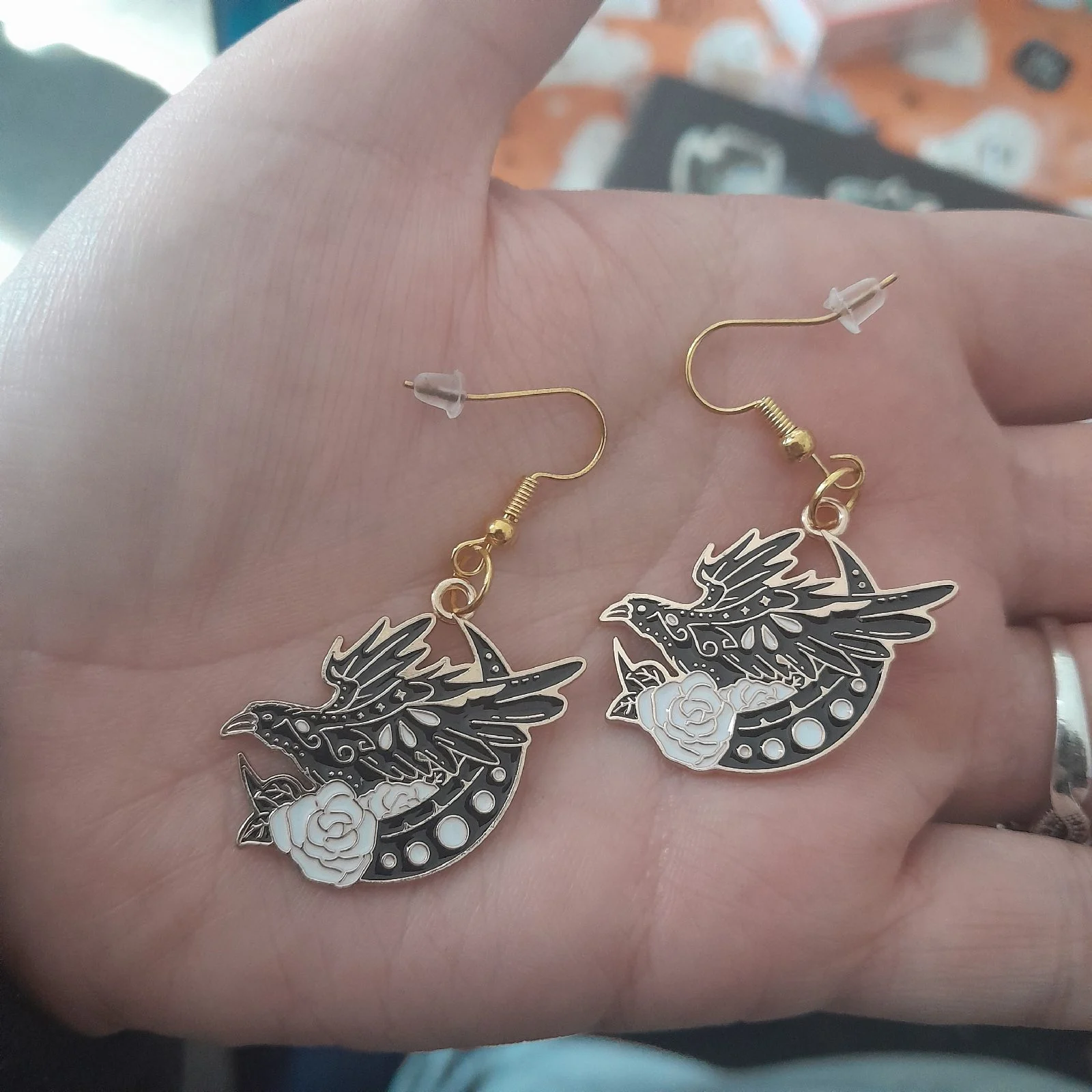 Gold hook raven on moon earrings
