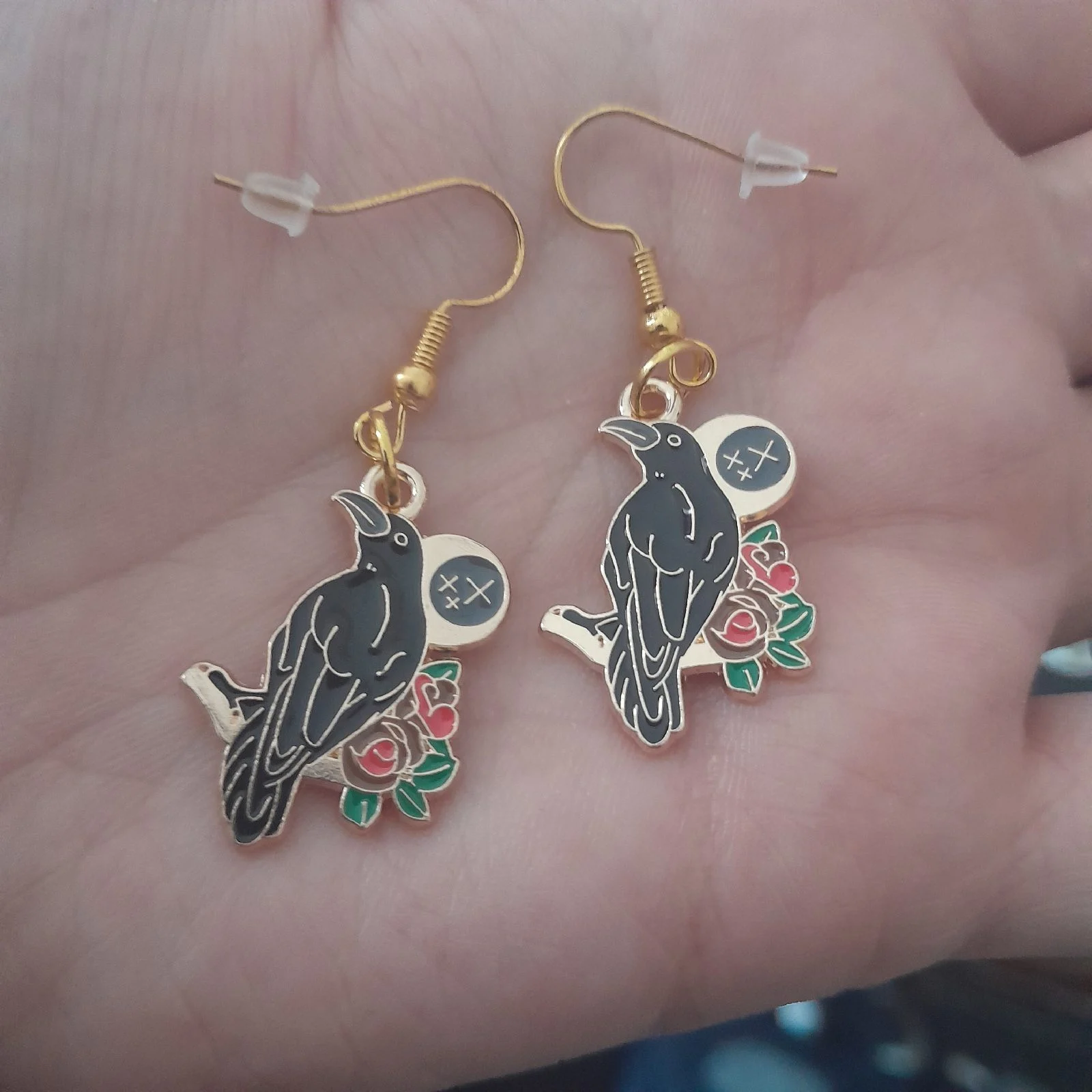 Gold hook raven earrings