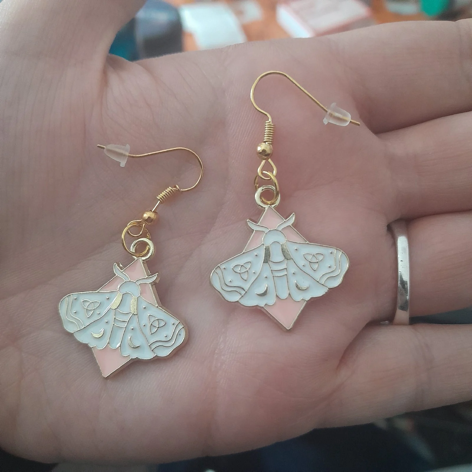 White and pink moth gold earrings