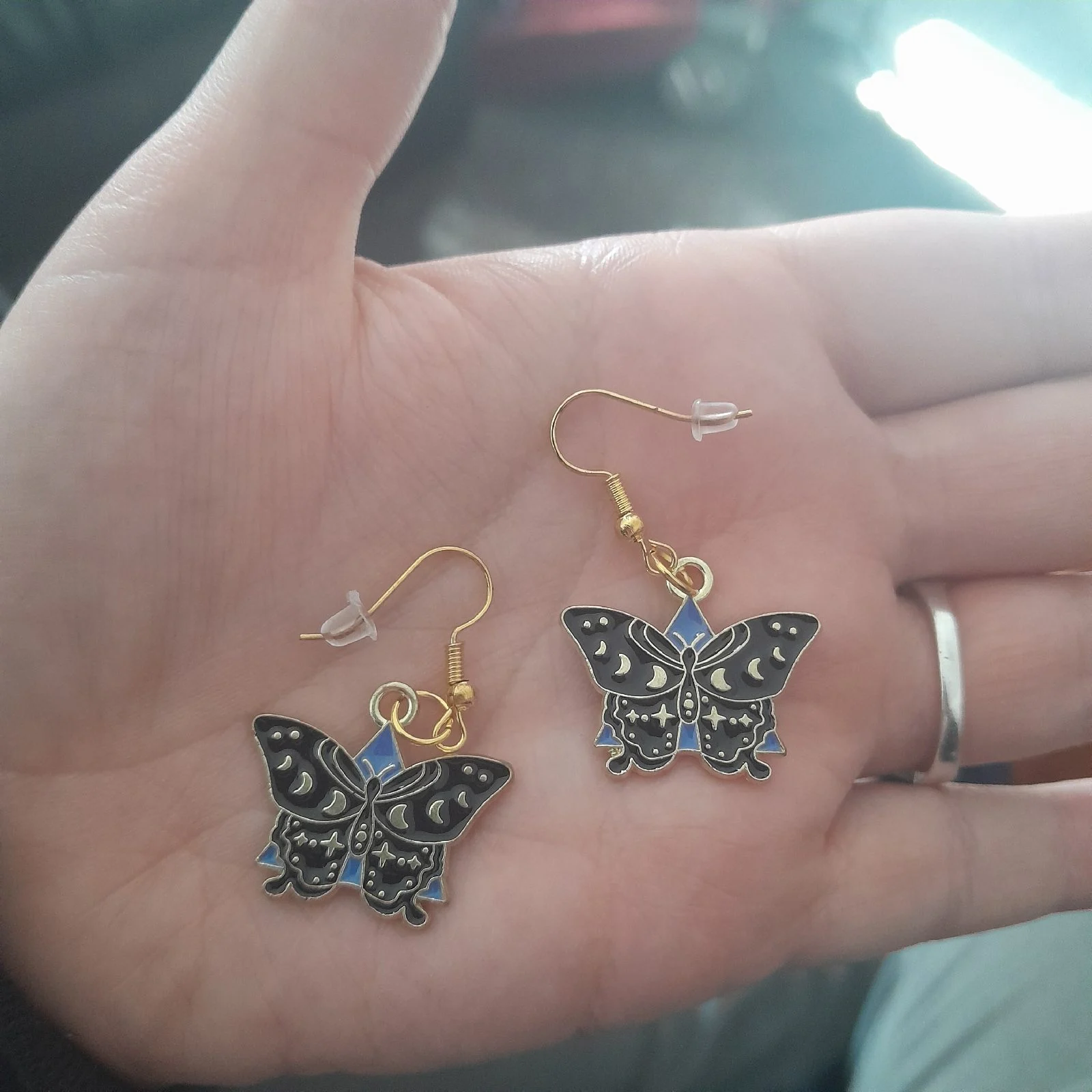 Gold hook black and blue butterfly earrings