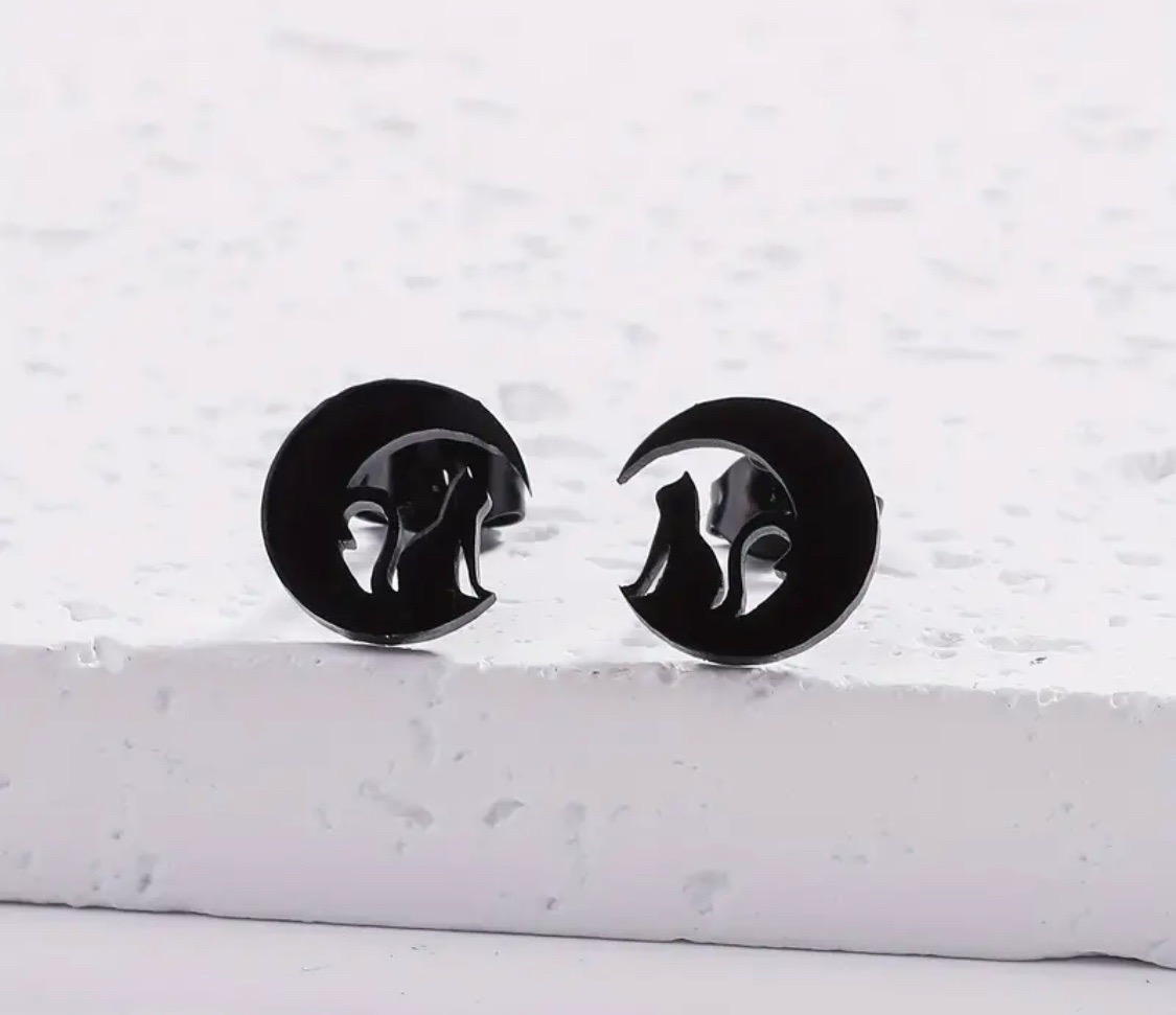 Black Cute Cat on the Moon Earrings