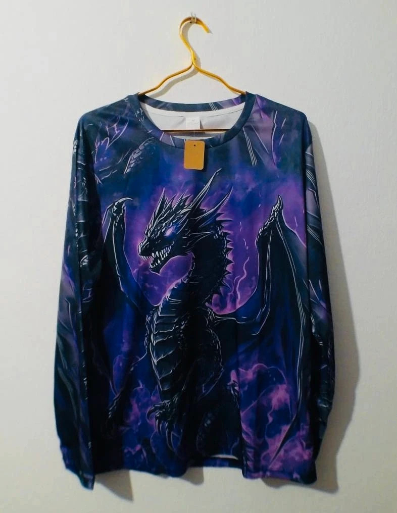 Bnwt Men's M long sleev t shirt Dragon Purple Black Summer Autumn Elastane