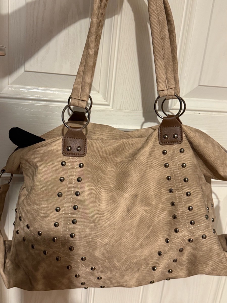 Beige studded large handbag