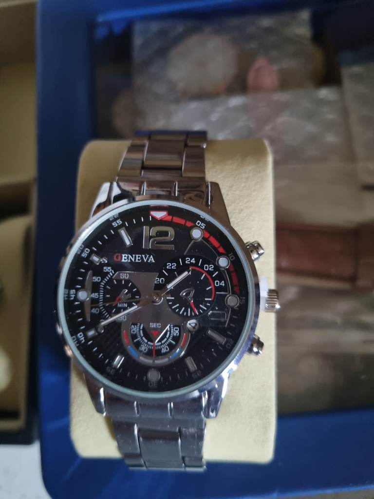 Red black silver look mens watch