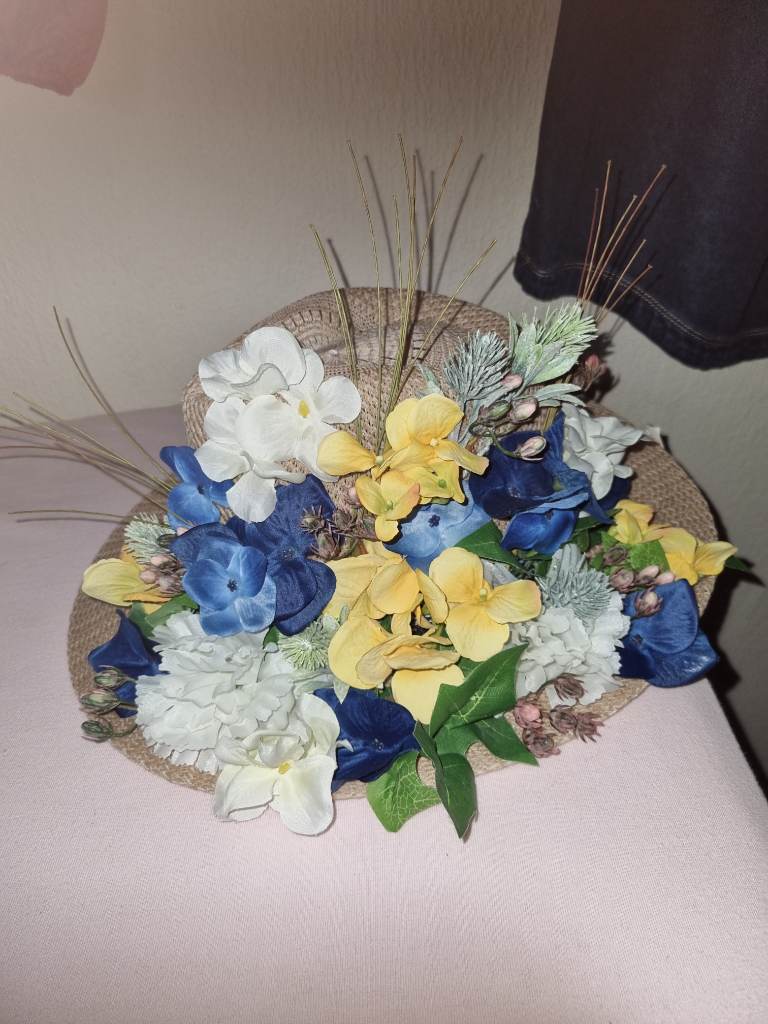 Yellow blue white ladies hats