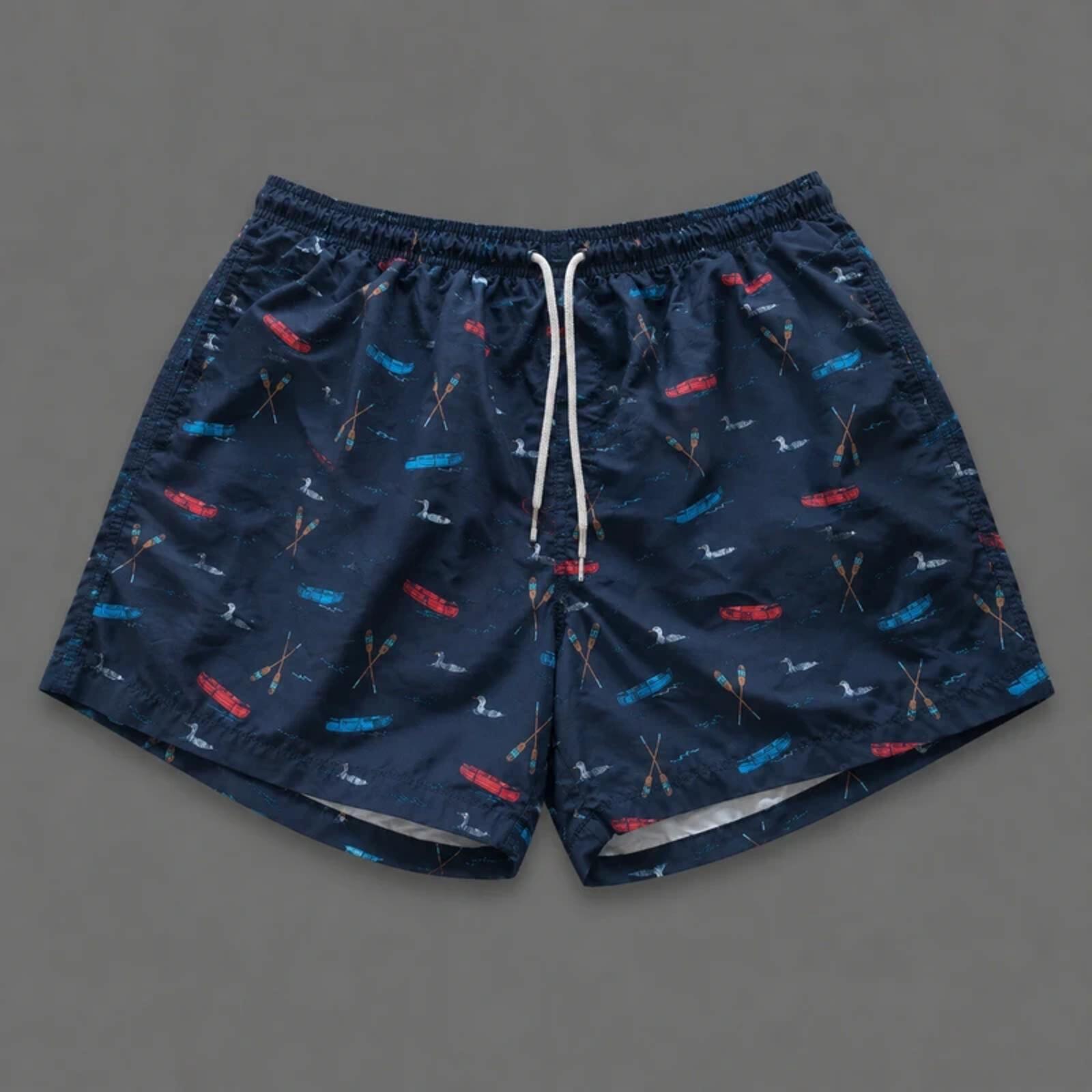 Men’s Swim Shorts XL Navy Blue Boat Print Mesh Lined Beach Summer Swimwear