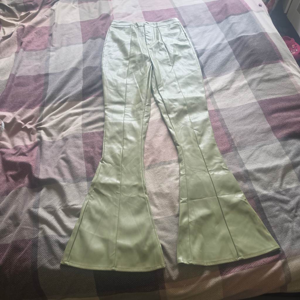 Missguided Tall Faux Leather Flared UK 10 Sage Green High Waist Flare Pants