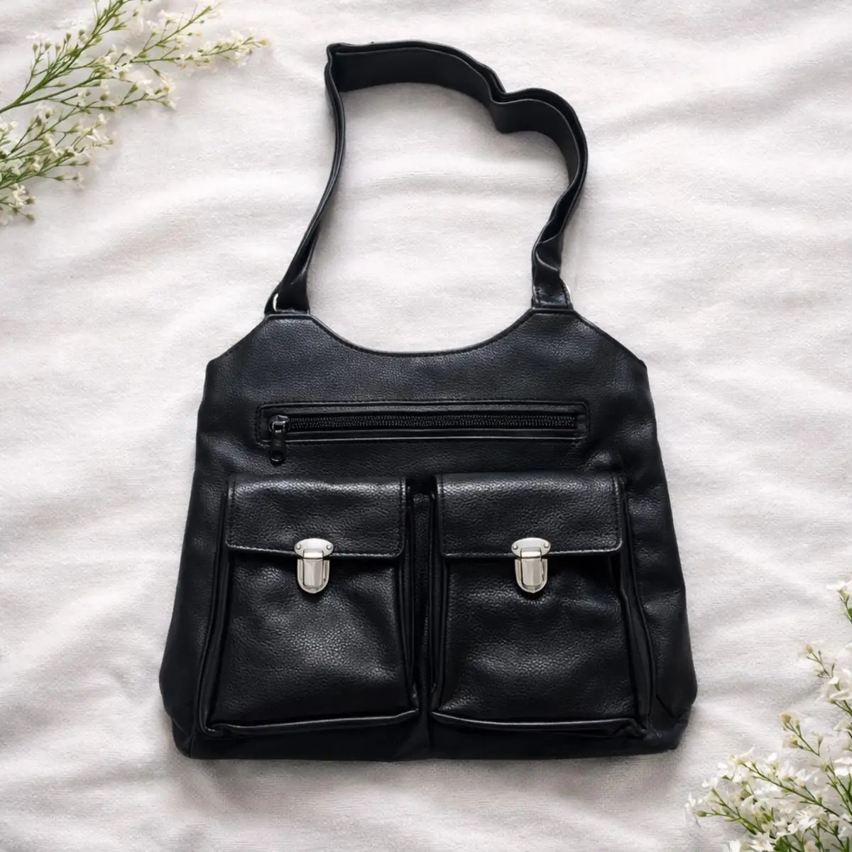 Black Crossbody Messenger Bag Multi-Pocket Organizer Shoulder Bag
