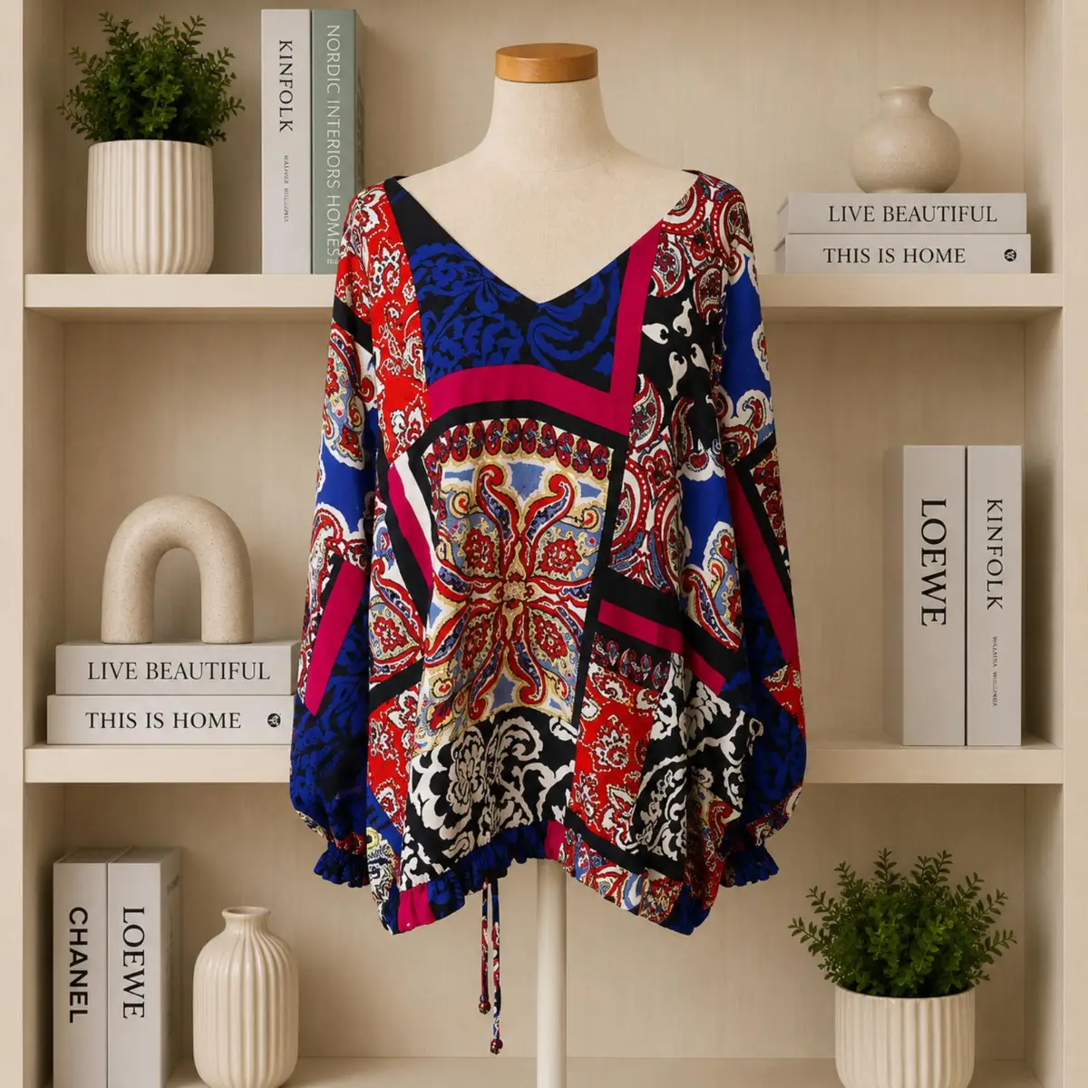 Bonmarché Size 16 Bohemian Paisley Print Top Navy Multi V-Neck Long Sleeve Tunic
