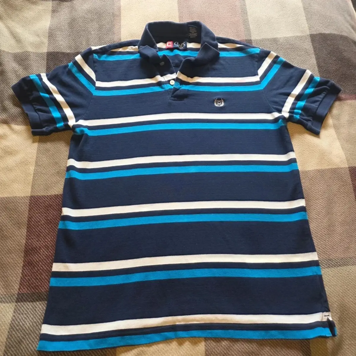 Chaps Striped Polo Shirt Mens M Blue White Cotton Short Sleeve Classic Casual