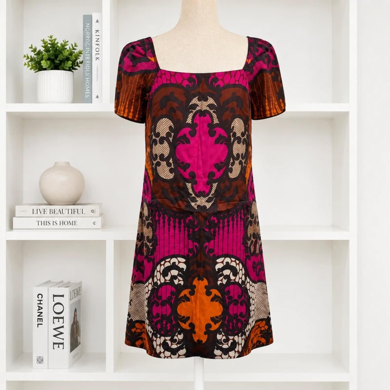 Phase Eight Dress UK 10 Pink Brown Baroque Print Shift Dress Short Sleeve Retro