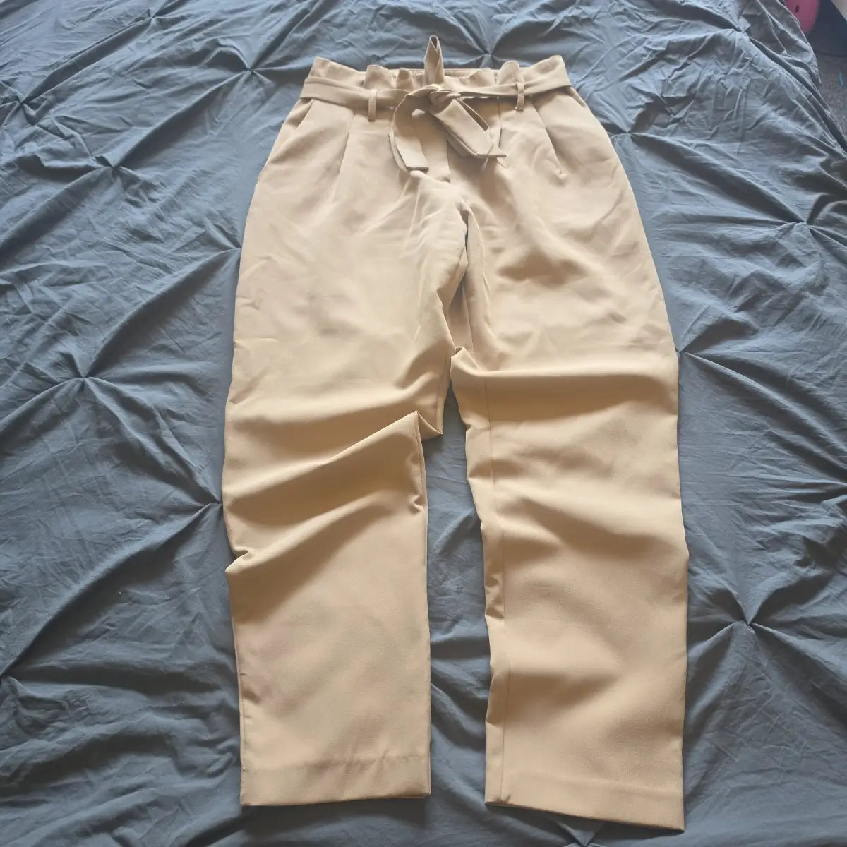 New Look UK 10 Women's Beige Tailored Tapered Trousers with Tie Belt