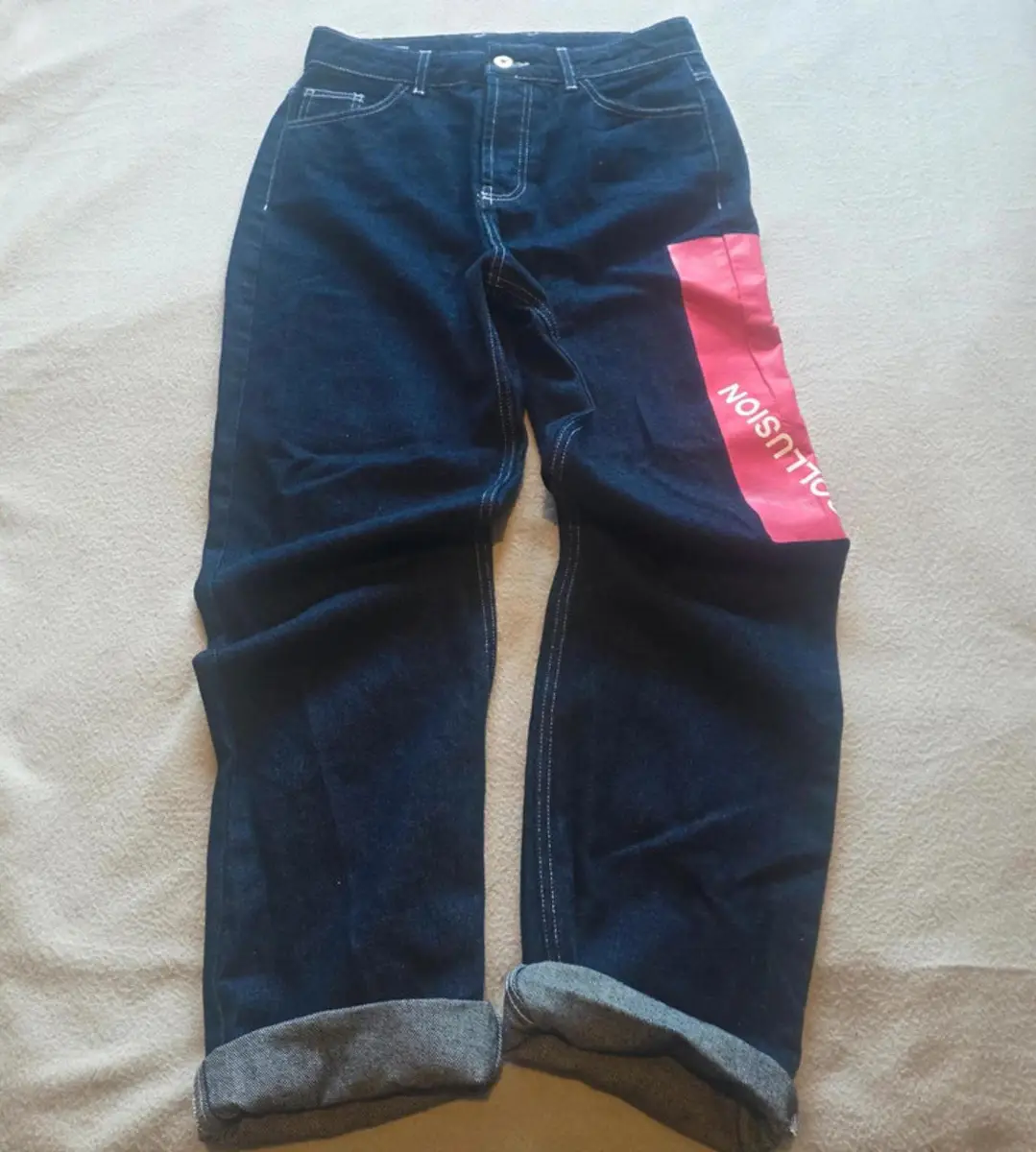 Vintage Y2K Emo Jeans W30 L32 Smiley Face Patch Dark Denim Cuffed Streetwear