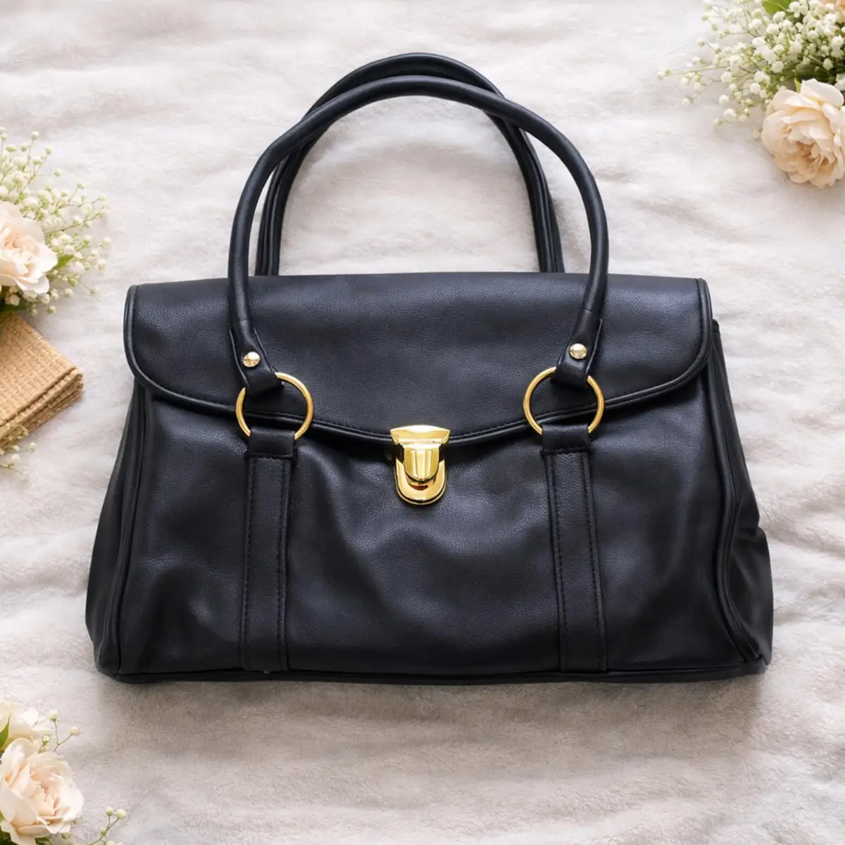 Black Handbag Gold Hardware Ring Detail Classic Structured Shoulder Bag