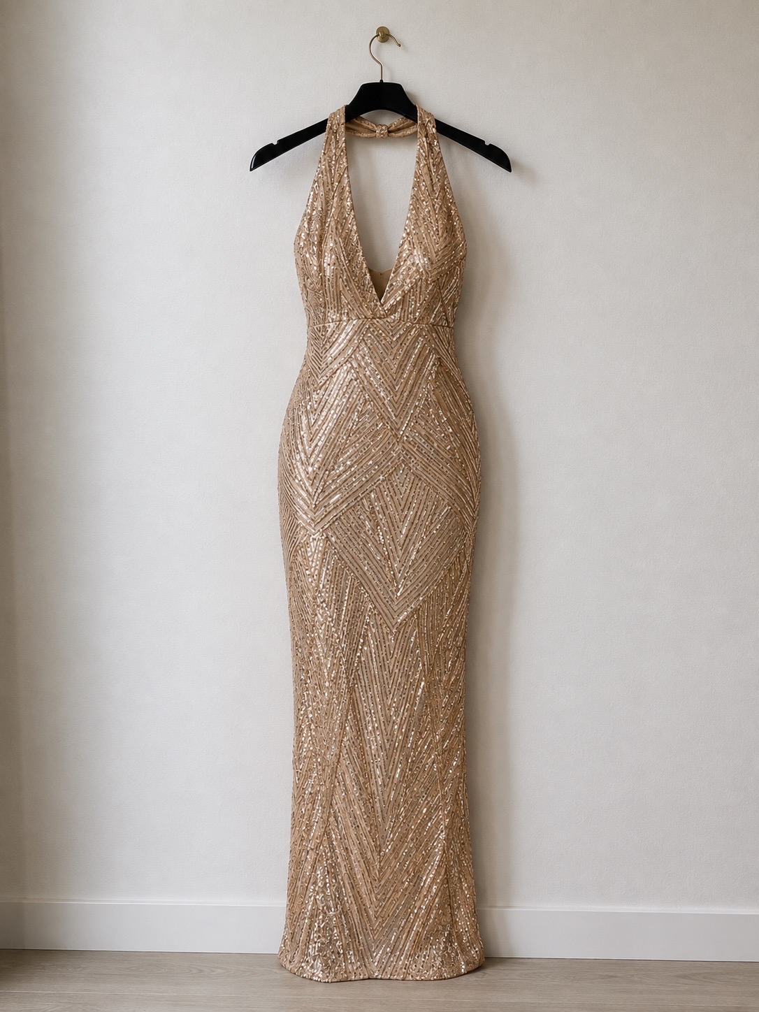 Rose Gold Sequin Maxi Dress Halterneck Plunge V Neck Evening Party Gown