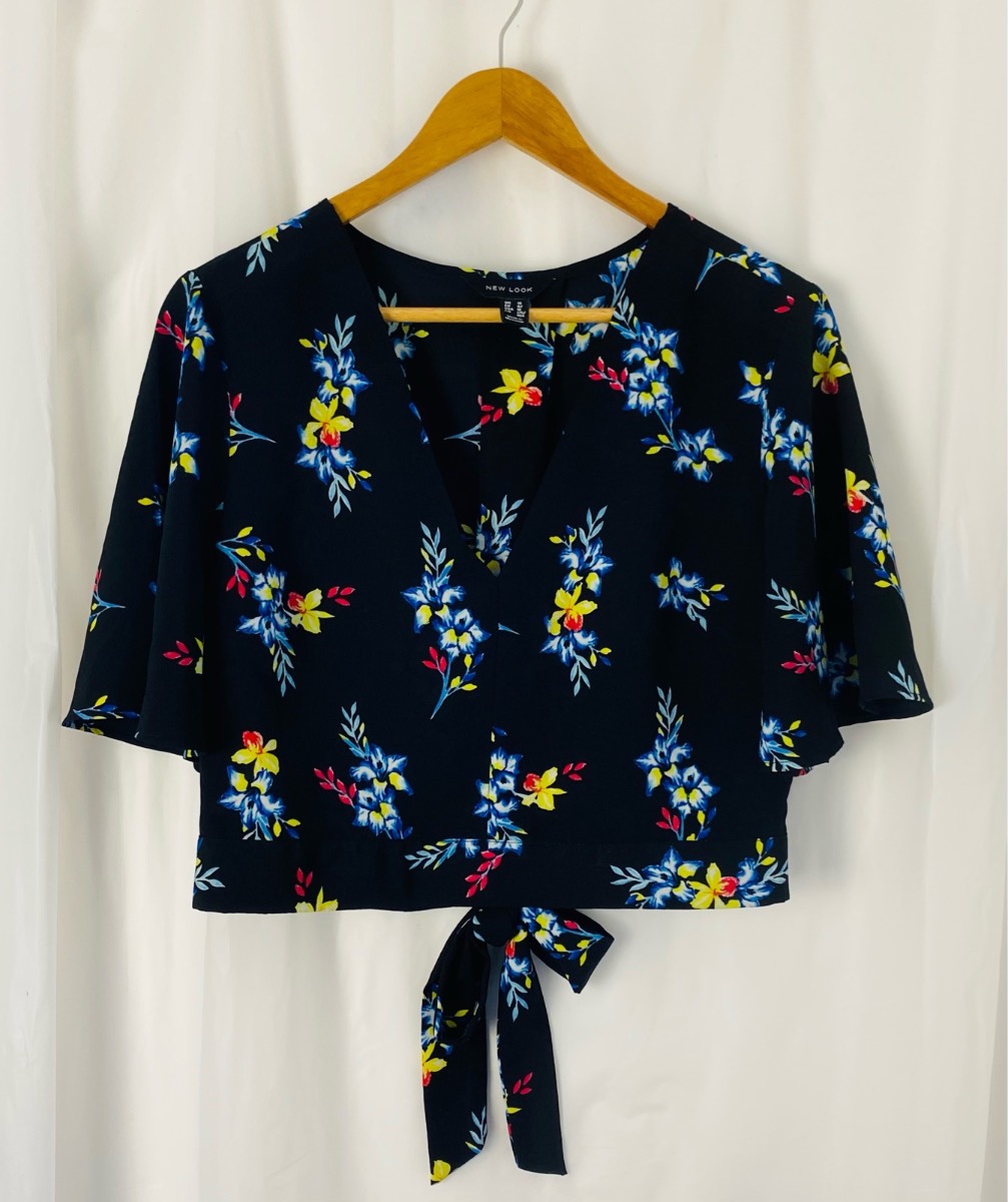 New Look Floral Tie Front Blouse Top UK 14 Black Blue Yellow Flutter Sleeve