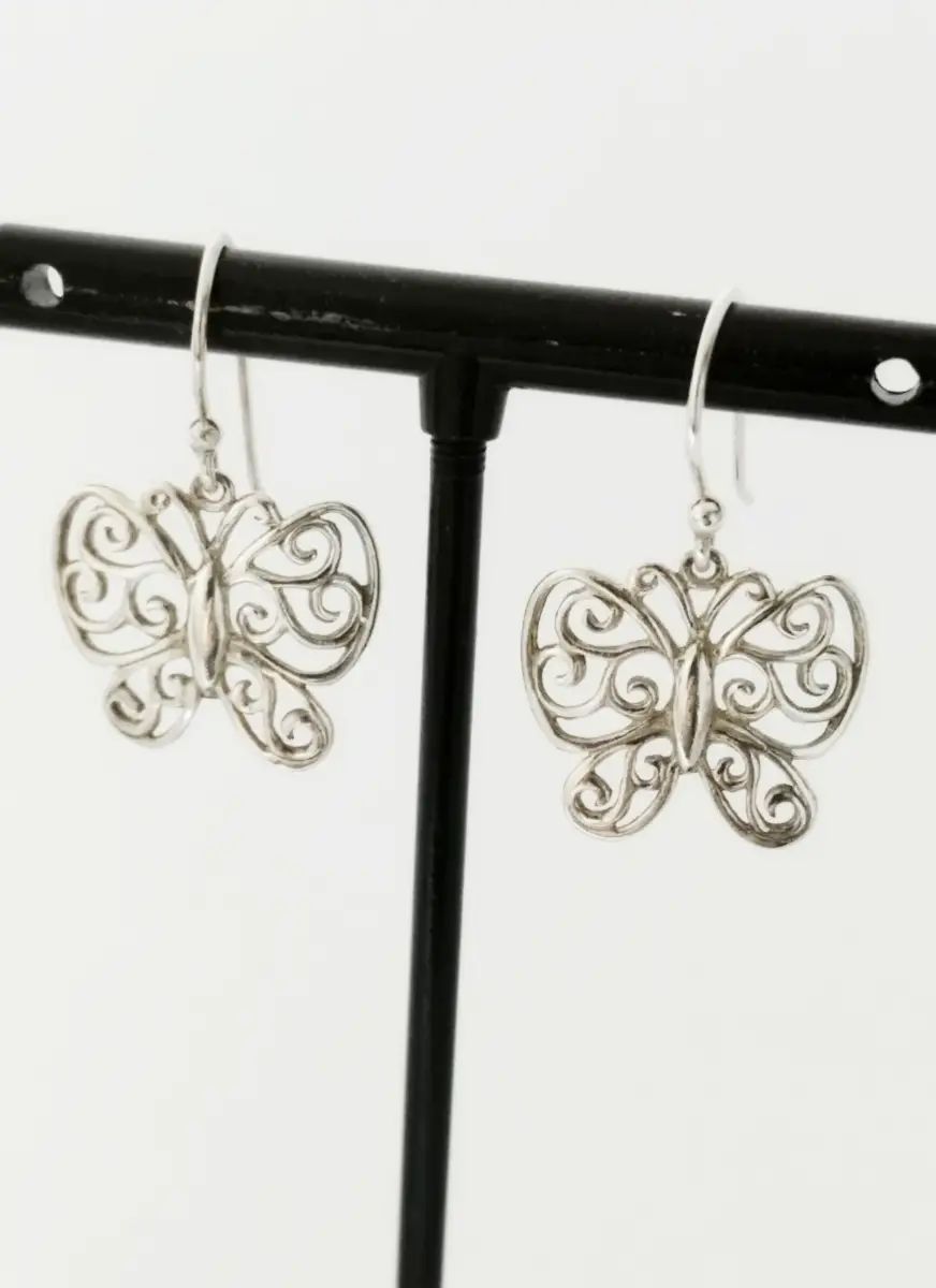 Silver 925 hallmarked filigree butterfly dangle earrings