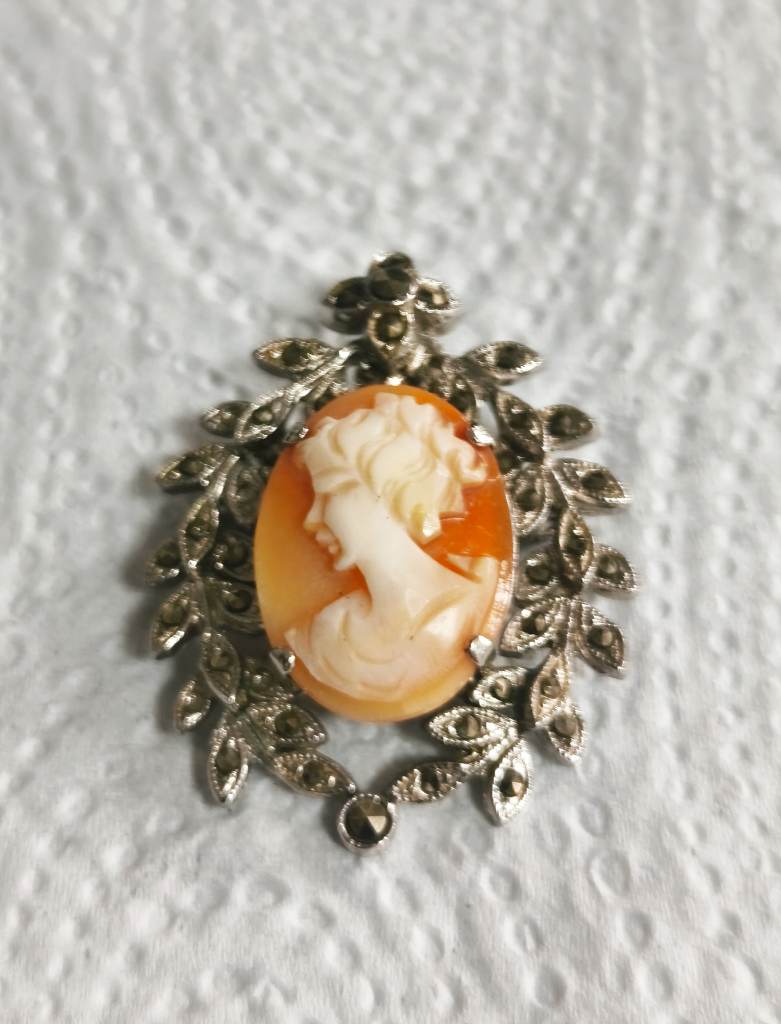Vintage Cameo brooch set with marcasite gems