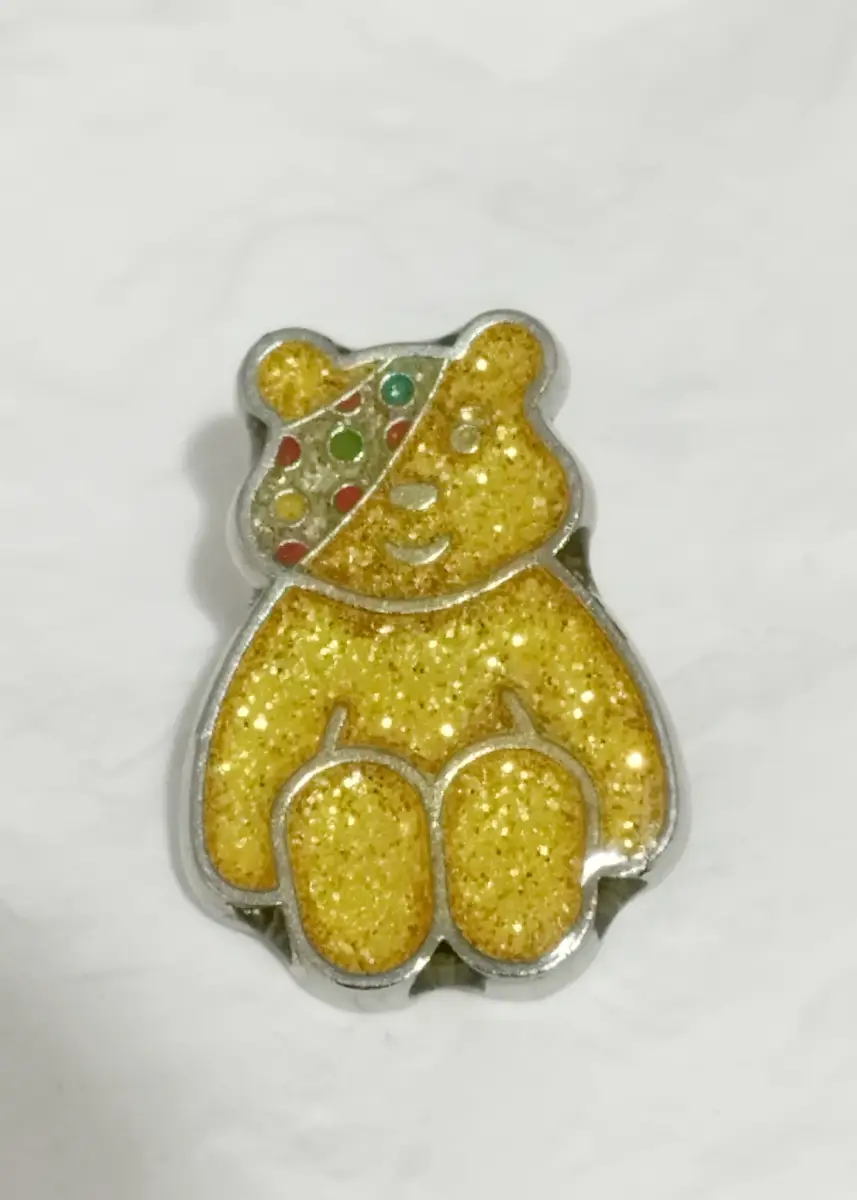 Sparkly gold tone Pudsey Bear pin brooch