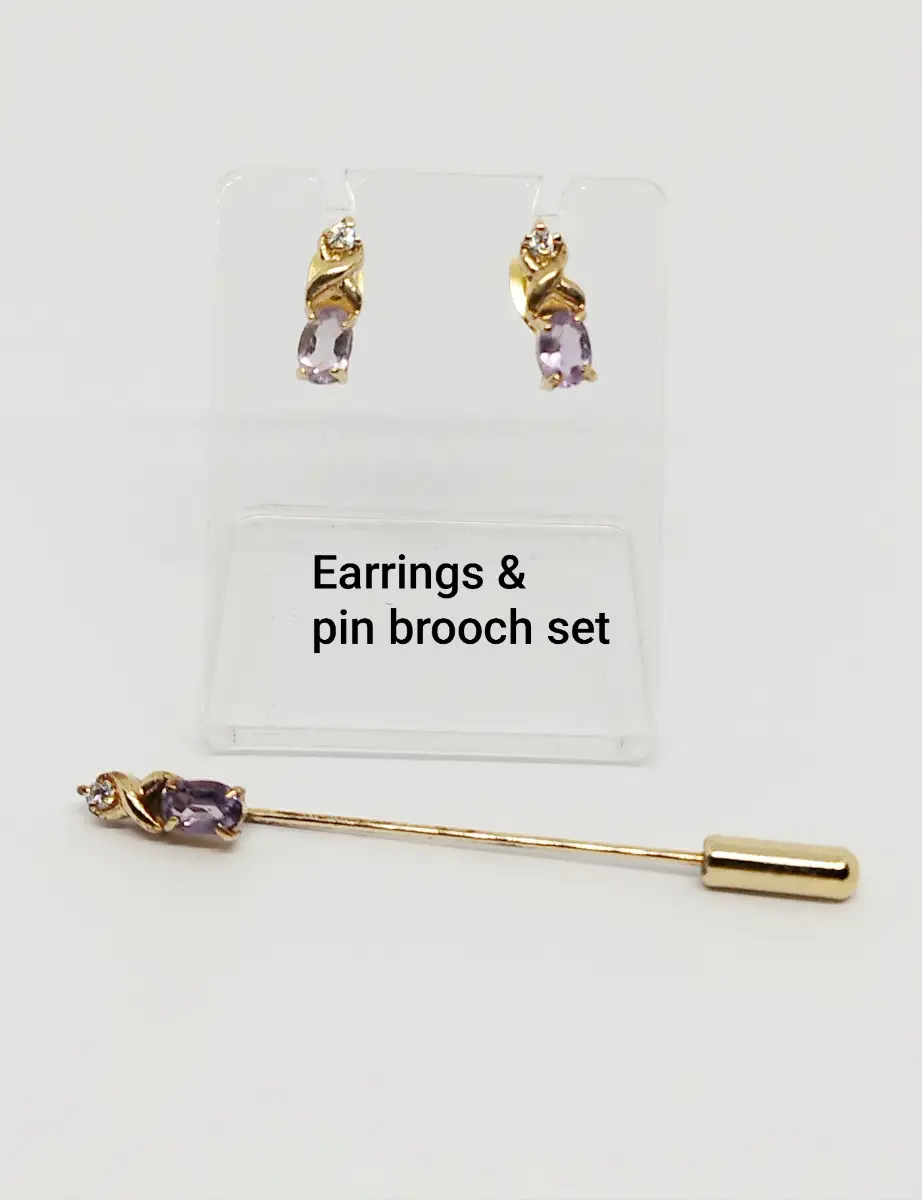 Gold tone & lilac gem earrings & stick pin brooch set