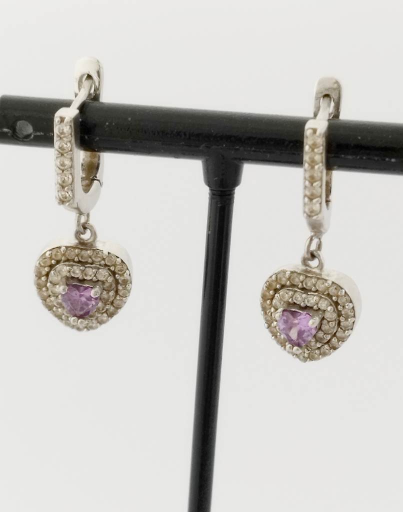 Silver 925 hallmarked heart dangle earrings with lilac gem
