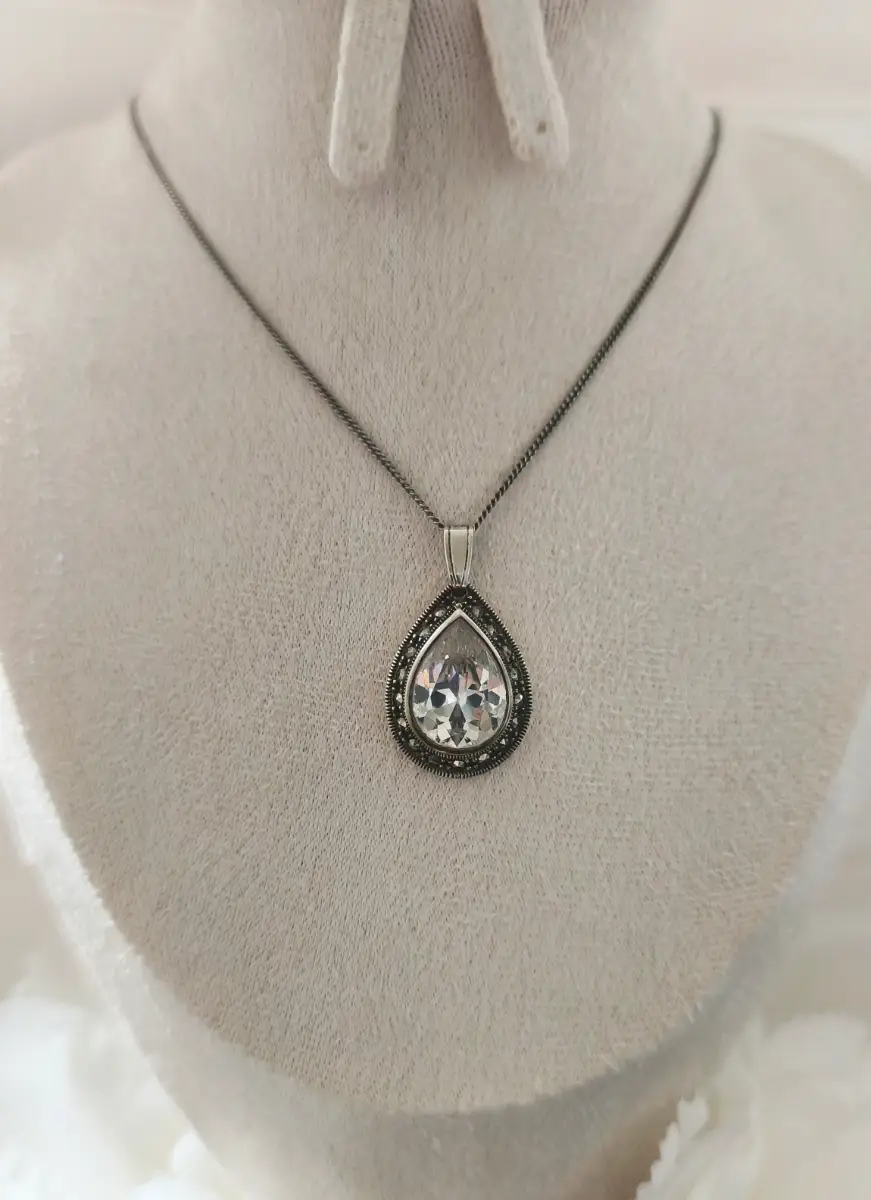 Vintage Hallmarked silver 925 teardrop crystal pendant with marcasite gems & chain