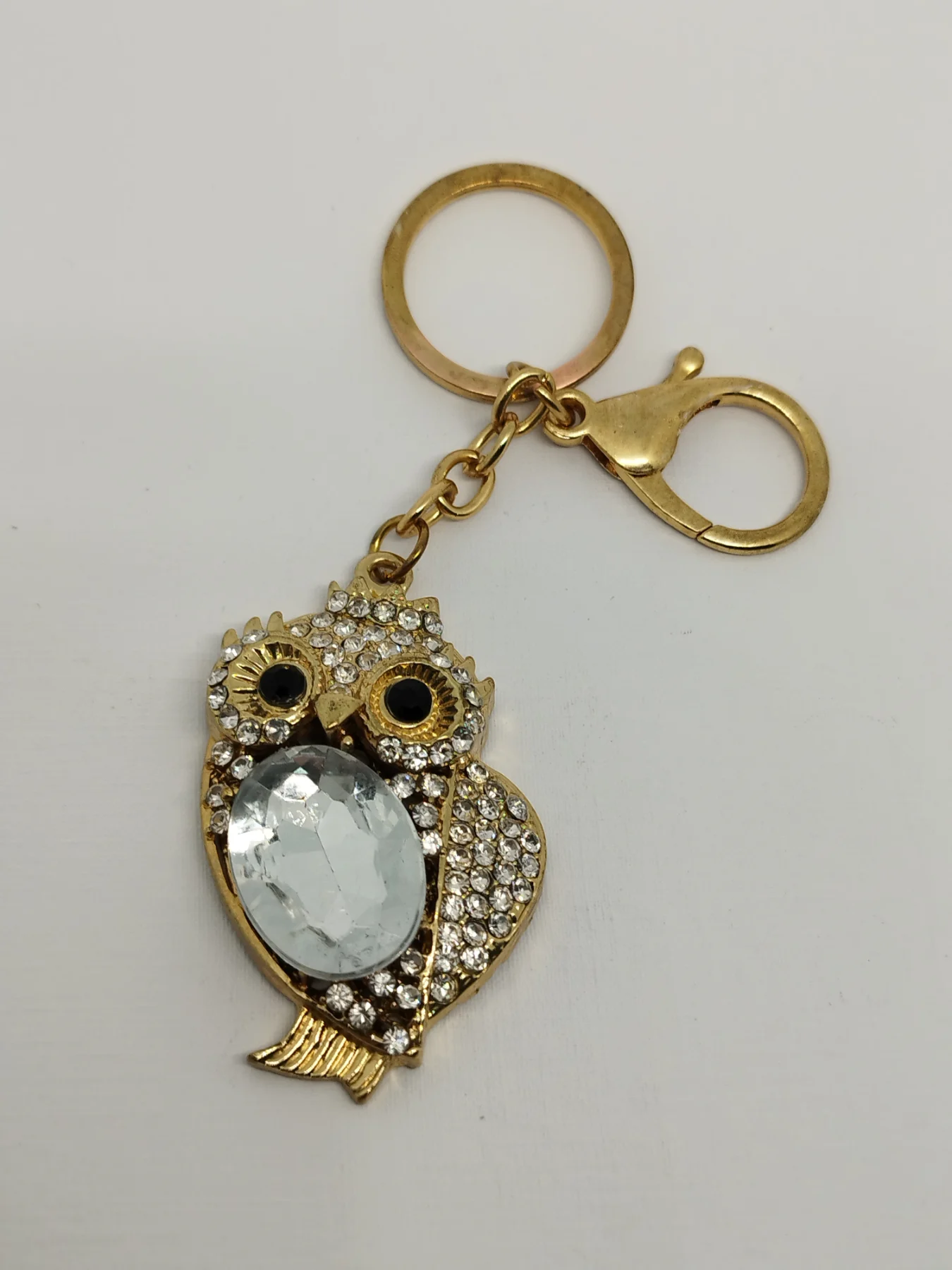 Gold tone gem set owl keyring