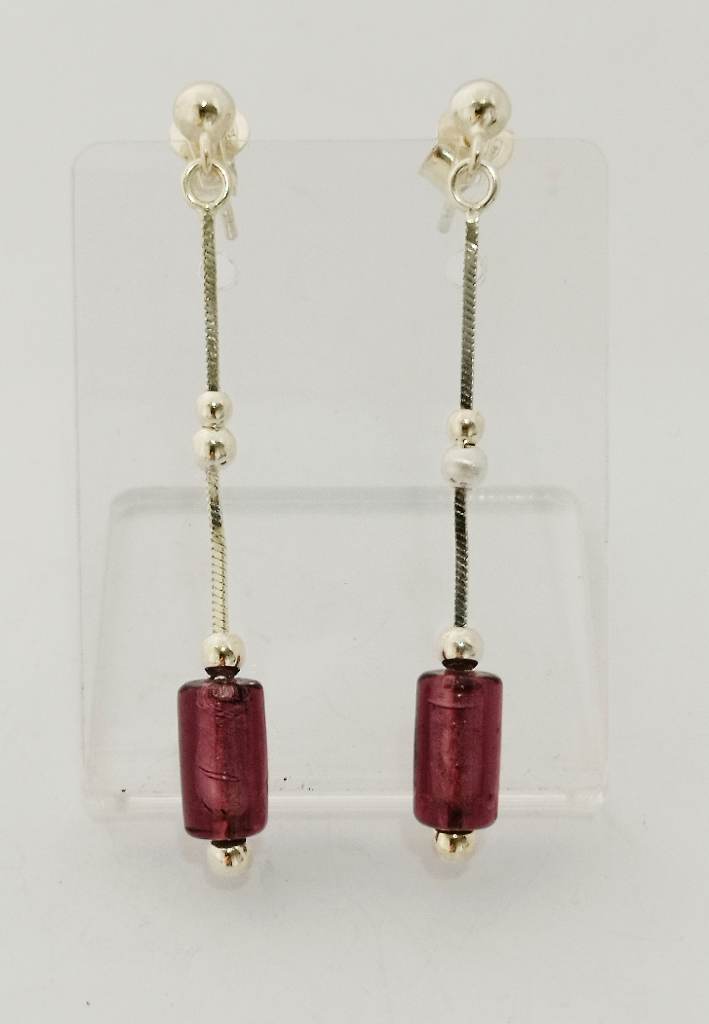 Long silver 925 dangle earrings with burgundy bead