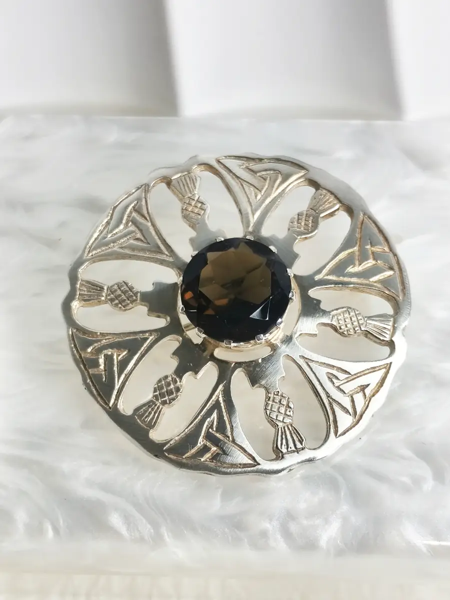 Vintage Malcolm Gray Silver Hallmarked Celtic Thistle Brooch with Smoky Quartz gemstone 4.1cm wide