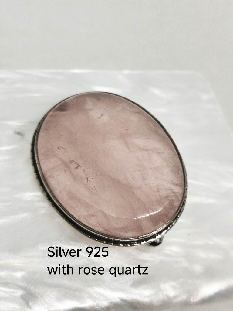 Silver Hallmarked Oval Rose Quartz gem set brooch