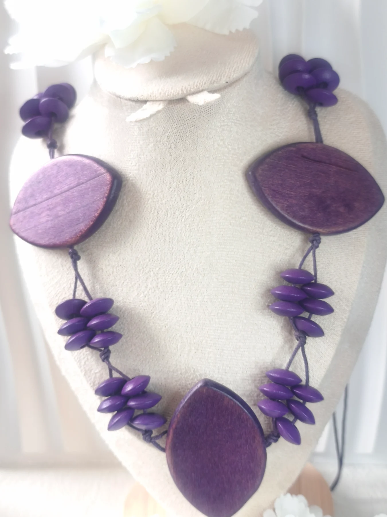 Long purple Wood bead boho cord necklace
