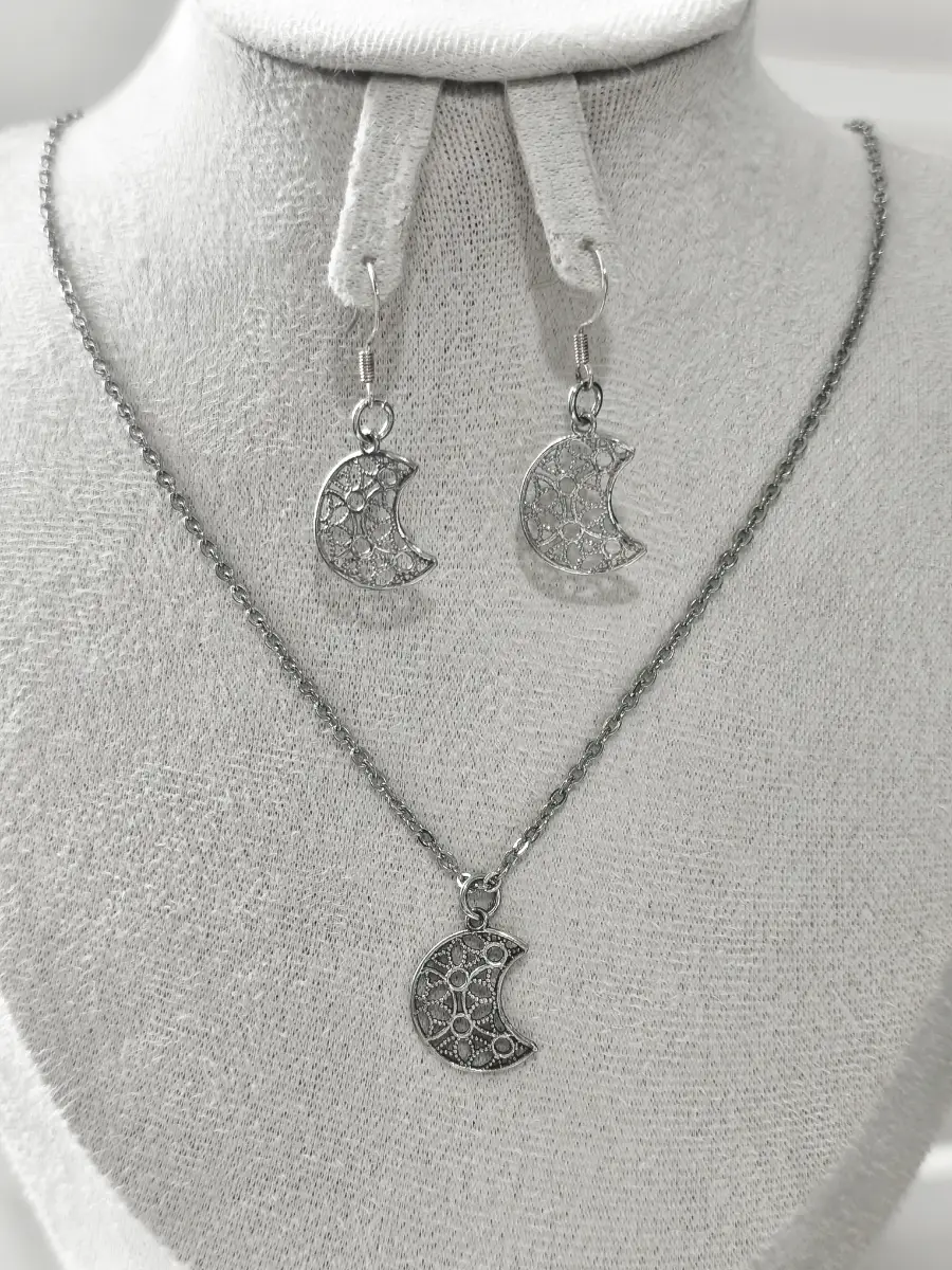 Silver 925 earhooks filigree moon necklace & earrings set
