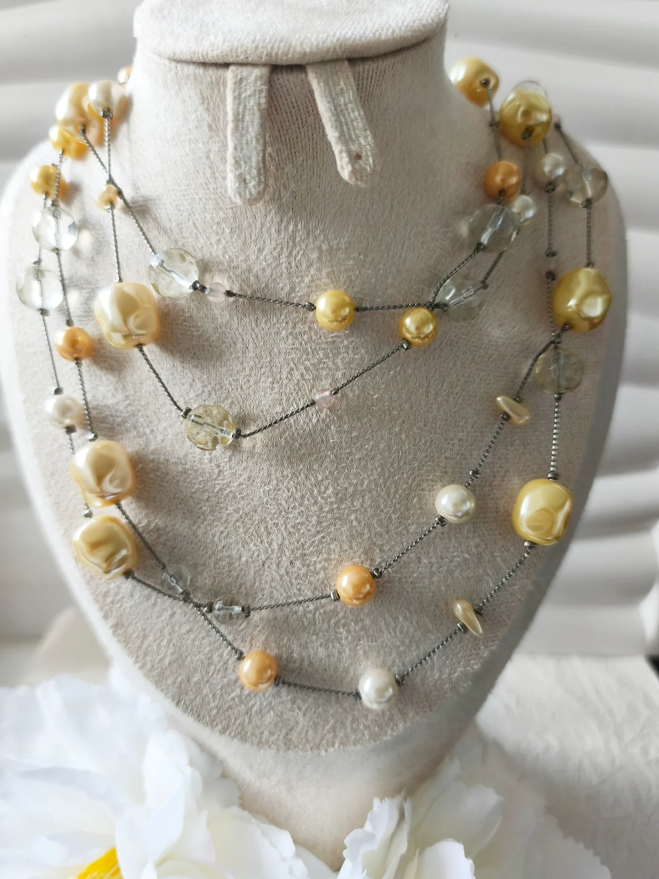 Long Multi pearlescent bead necklace