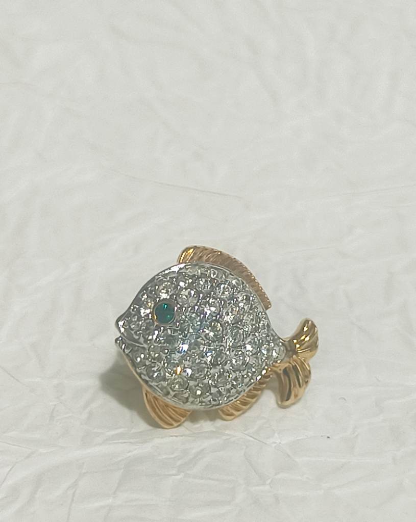 Small gold tone gem set fish brooch pin