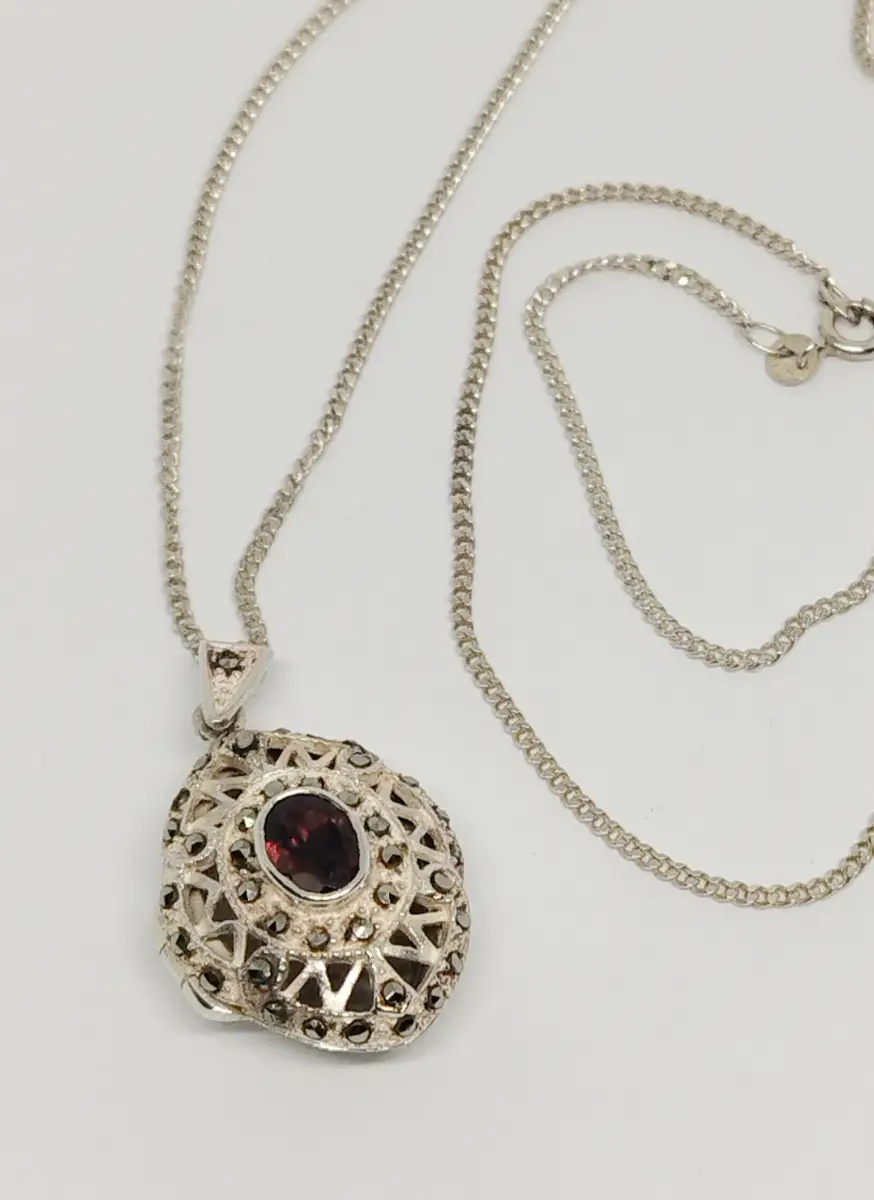 Vintage Silver Hallmarked 925 locket with marcasite & garnet gems