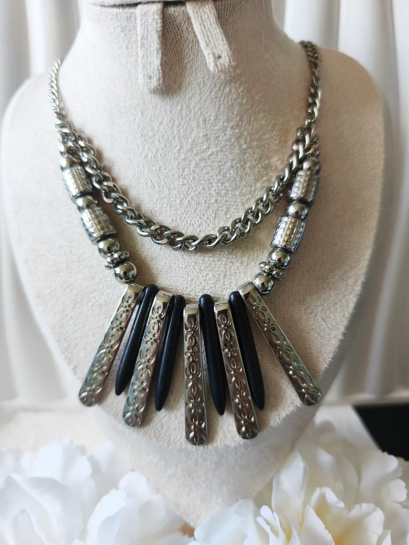 Silver tone and black statement fan necklace