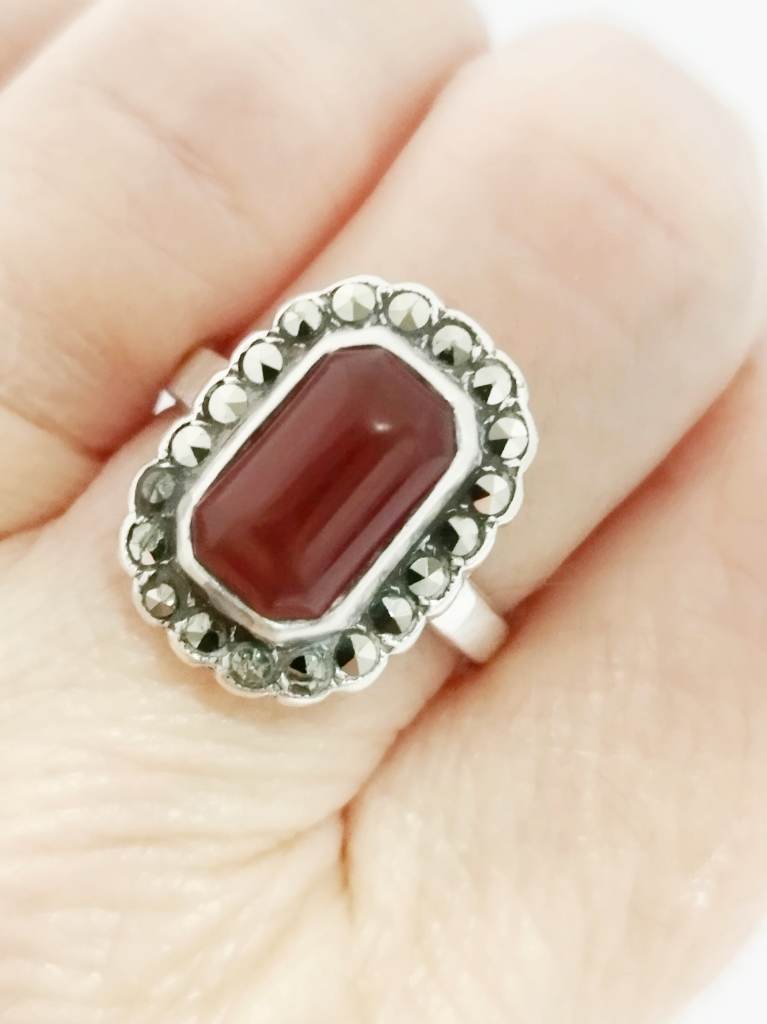 Vintage Silver bezel set Carnelian ring with marcasite gems size M